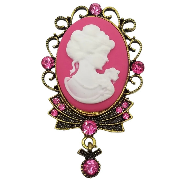 GOLDTONE WITH PINK & WHITE CAMEO STATEMENT BROOCH - Picture 1 of 2